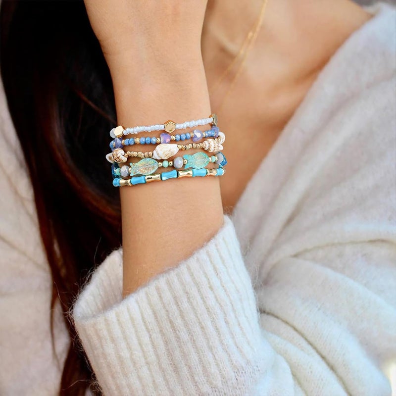 Pymach Store Dainty Gold Plated Pearl Crystal Beaded Bracelets Set for Women 14K Gold Plated Bead Pearl Beads Bracelet Stackable Paperclip Link Chain Bracelets Gold Plated Bracelets for Women Trendy Jewelry - Image 3